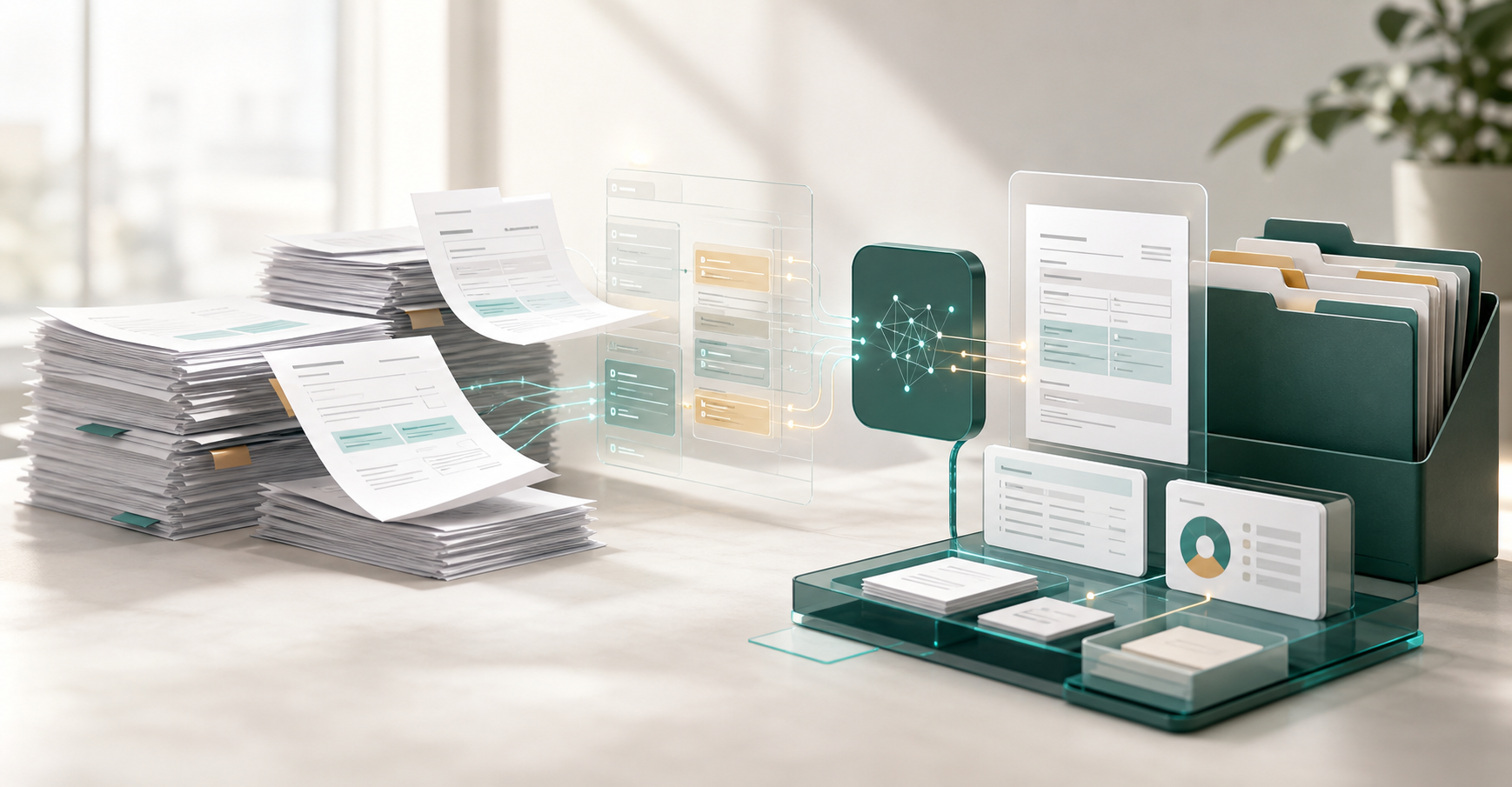 Organized documents flowing into a structured AI workspace